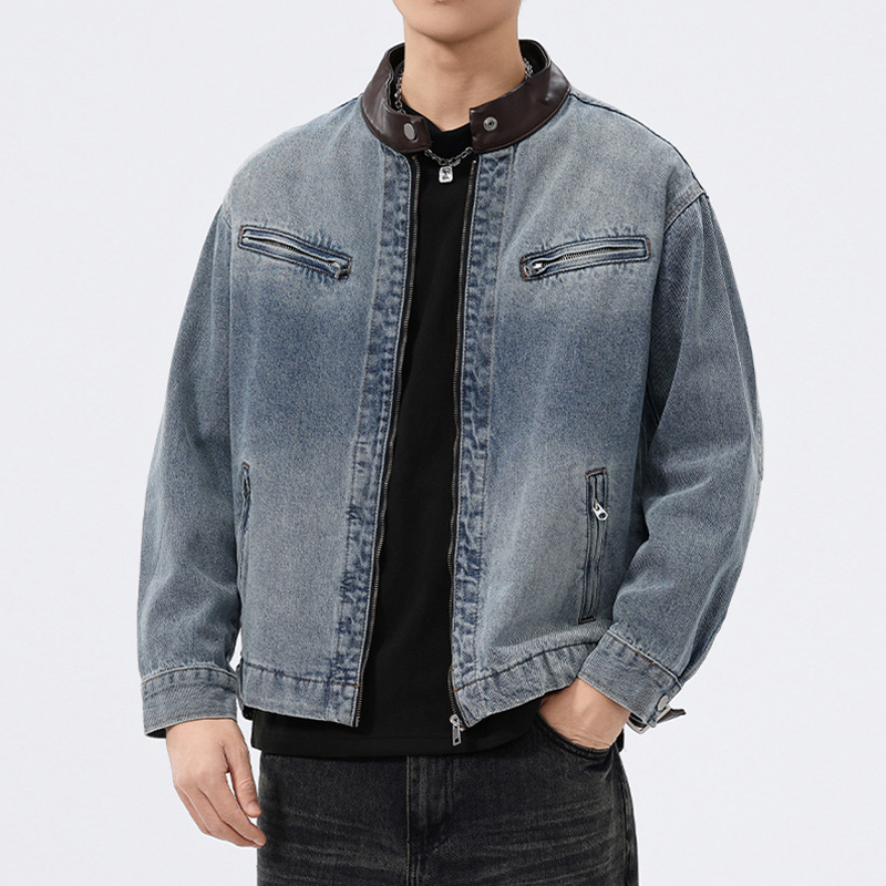Leather Work Jacket - Standı Deri Yaka Denim Ceket Erkekler