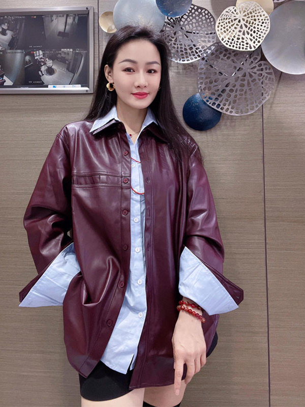 Leather Work Jacket - Kadın Üzüm Moru PU Deri Ceket