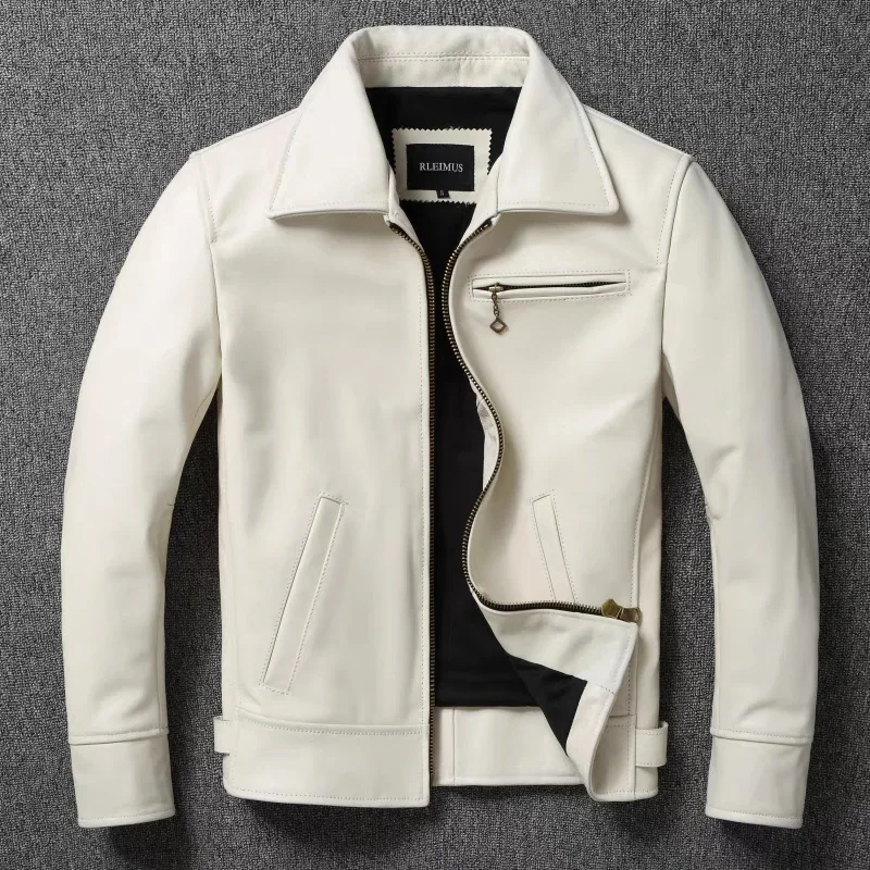 Leather Work Jacket - Erkek hakiki deri ceket beyaz yaka